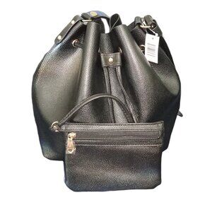 Bella Russo Black Pebbled Faux/Vegan Leather Drawstring Bucket Bag-NWT